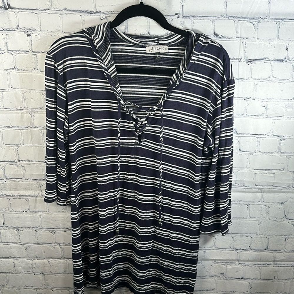 👙 J Valdi Blue and White Striped Hooded Bathing Suit Cover-Up - Size Medium 👙